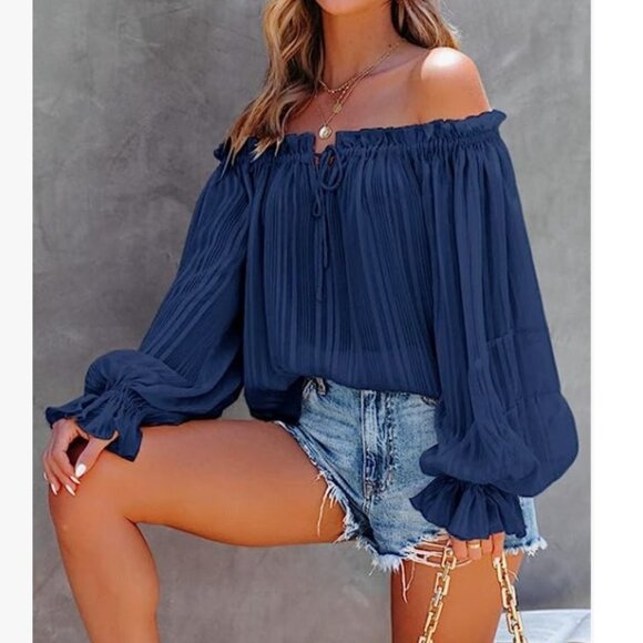 Striped Off Shoulder Spring Boho Tops Loose Fit Casual Long Sleeve Ruffle - Picture 6 of 8